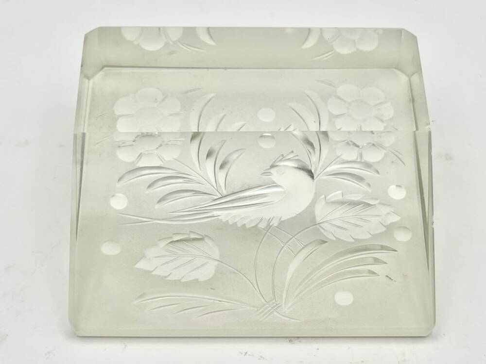 Etched Glass Bird Floral Paperweight Beveled Clear Vintage Desk Decor